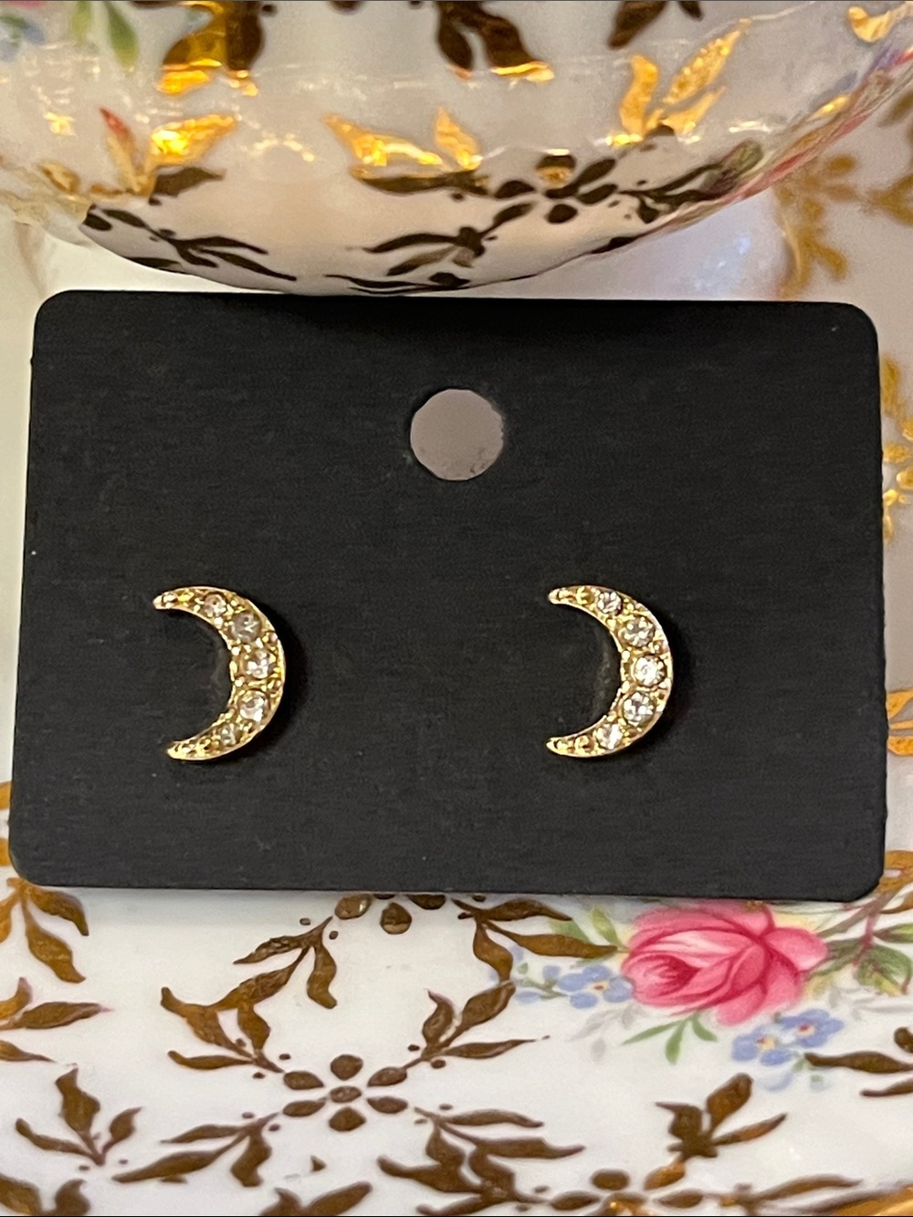 LOFT Gold Crescent Moon Crystal Stud Earrings